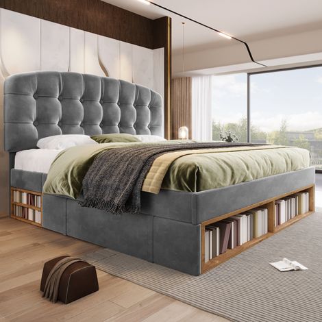 Lit double rembourré 140x190 cm sans matelas - Sommier à lattes - Tête de lit incurvée réglable - Tiroirs - Velours Gris