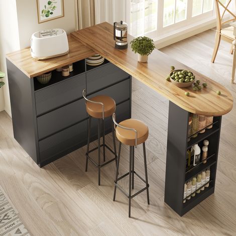 MODFU - Table bar extensible 137/215×39×102,3 cm, table haute téléscopique avec 6 tiroirs, îlot mobile, MDF noir (1/5)