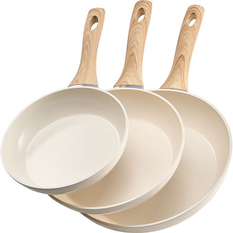 VEVOR Frying Pan Skillet, Aluminum Egg Fry Pans, 3 Pcs (200, 240, 280 mm), Nonsitck Ceramic Heavy-Duty Skillets with Heat-Resistant Handle, Chef's Kitchen Cookware for Gas, Electric, Induction, Beige