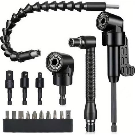 Kit de 8 rallonges flexibles pour forets, comprenant 3 adaptateurs de douille rotatifs, 2 accessoires de perçage à angle droit de 105°, 10 embouts de tournevis courts, 1 embout coudé à 90° et 2 rallon (1/5)
