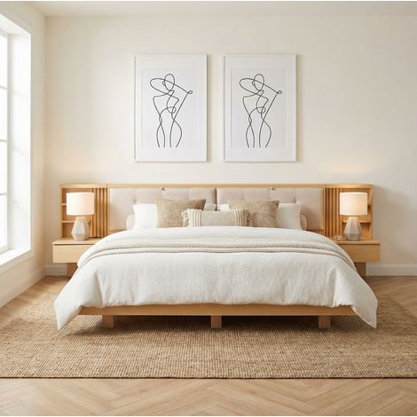 Cama dormitorio flotante con almacenaje y USB natural OKMYHOME (1/5)
