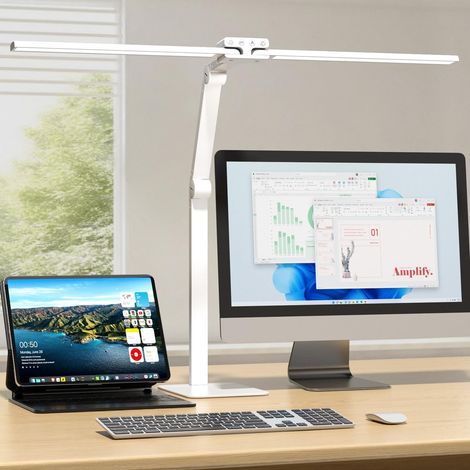Lampe de bureau LED, double tête, base métallique, 24W Blanc  1200 lm, 2 articulations à 225°, jusqu'à 80 cm, lumière douce pour les yeux – idéale pour le bureau et le travail sur écran (1/5)