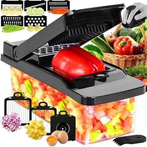Affettatrice multifunzione per verdure, mandolina professionale da cucina con lame sostituibili per affettare, grattugiare e tagliare a cubetti. (1/4)