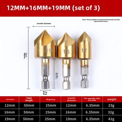 Couteau à chanfreiner plaqué titane – set 3 pièces – alésoir, forets 12/16/19mm à 82°, manche hexagonal (1/5)