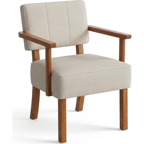 Fauteuil d'accent Mid-Century en Bois, Revêtement Cuir PU ou Tissu Lin, Dossier rayé Vertical, Idéal Salon Chambre Balcon