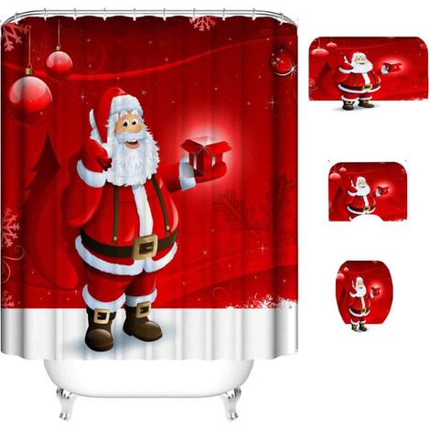 Ensemble rideau de douche et tapis de sol avec motif Père Noël et bonhomme de neige imprimé numérique, imperméable, en polyester. Ensemble de quatre pièces. (1/5)