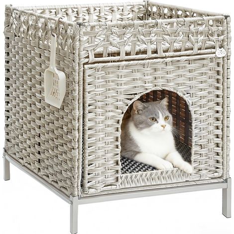 Enclos pour chat - Maison à litière cachée avec tapis doux et clôture - Confortable - En rotin tissé à la main - Avec crochets en forme de S - Pour salon, chambre à coucher - Gris (1/5)