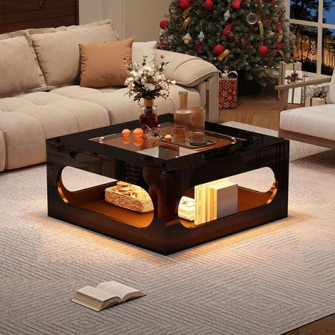 Table Basse carrée de Salon 70x70x35cm, Creuse au Centre, avec éclairage LED Brillant, Plateau en Verre trempé, Panneau de Fibres de Moyenne densité, Noire.