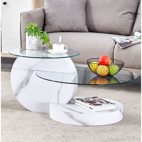 Couchtisch 90x70x44 cm Weiß und Transparent – doppelte Glasplatte, Marmoroptik, MDF MEUBLIV (1/5)