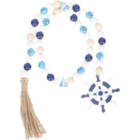 Guirlande de perles en bois bleu style marin, 5 pièces, avec pompons (1/5)