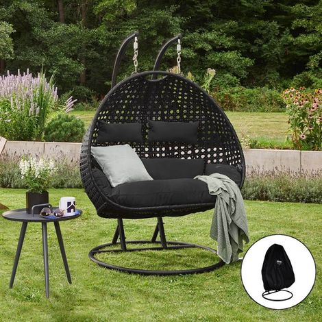 HOME DELUXE - Polyrattan Hängesessel mit Regenabdeckung TWIN Farbe: Schwarz, Ausstattung: inkl. Regenabdeckung Poly Rattan Hängesessel Hängekorb (1/5)