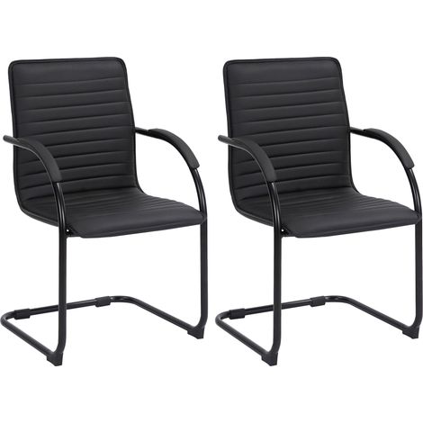Set 2 sedie visitatore con braccioli in PVC nero e base a slitta in metallo nero 100003123