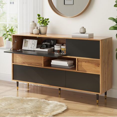 Multifunktionales Sideboard 140 x 40 x 84,5 cm in Natur und Schwarz mit 2 Schubladen und Klapptüren (1/5)