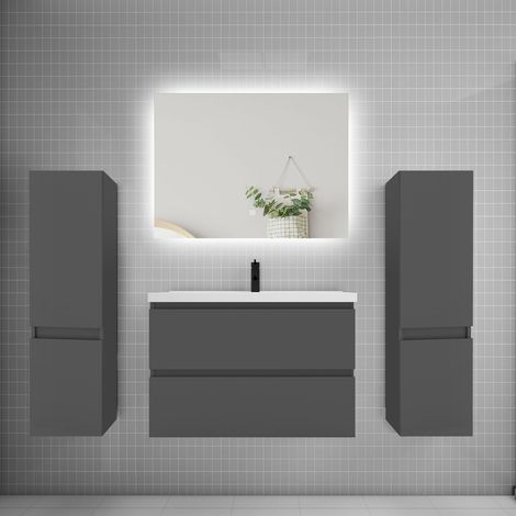Ensemble meuble de salle de bain et lavabo anthracite (L.80cm) 2 tiroirs + meuble haut2 + lavabo + miroir LED