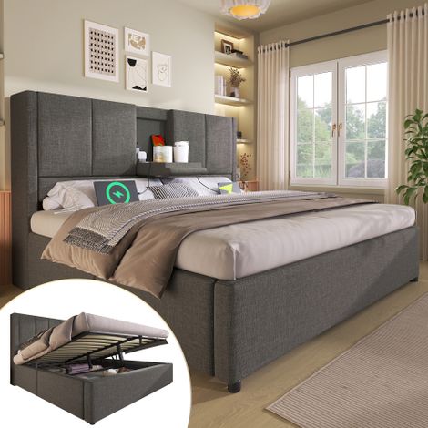 Letto imbottito matrimoniale 140x200 cm con portabicchiere e stazione di ricarica a scomparsa, letto idraulico con vano contenitore sottostante, rete a doghe inclusa, colore grigio lino (senza materas (1/5)