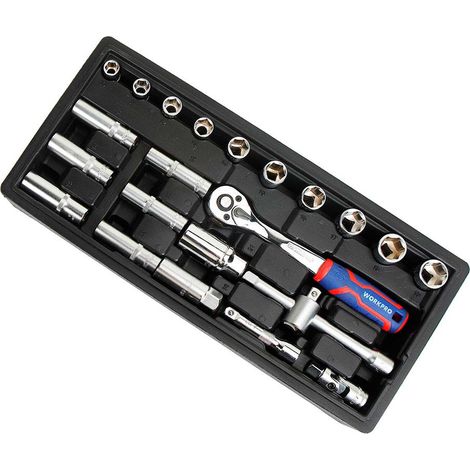 Llave de carraca y vasos 3/8 pulg, juego 23 piezas, métrico
