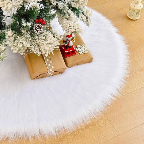 Couverture de sapin de Noël une pièce jupe de sapin de Noël, tapis en peluche décoration de Noël, fausse fourrure ronde pour les décorations de Noël et du nouvel an (blanc pur) diamètre 78 cm (1/2)