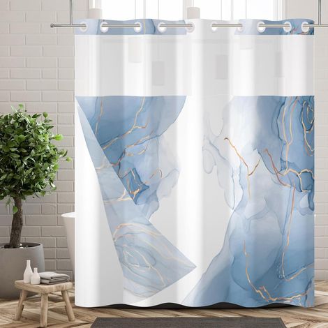 Rideau de Douche sans Crochets avec Doublure à Pression, imperméable, Bleu marbré, Double Couche, Rideau de Salle de Bain Moderne avec fenêtre Transparente en Haut, 180x188cm (1/5)