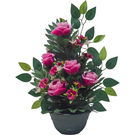 Vasque de Roses fleurs artificielles pour le cimetière H 50 cm D 35 cm Fushia - couleur: Rose fushia 730