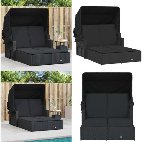 Doppel-Sonnenliege mit Dach und Auflagen Schwarz Poly Rattan - Doppel-Sonnenliege - Liege - Gartenmöbel - Outdoormöbel - Pool Accessoire - Home & Living