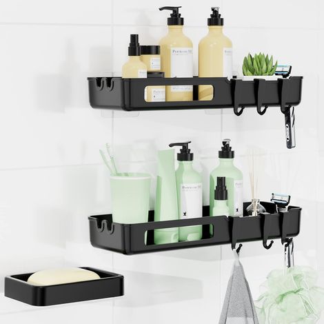 Etagere Salle de Bain Sans Percage, Antirouille Etagere Douche, Inox Support Douche Sans Percage 2 pièces avec porte-savon et 6 crochets, Pour Support Savon Porte Rasoir Accessoire Salle de Bain (1/5)