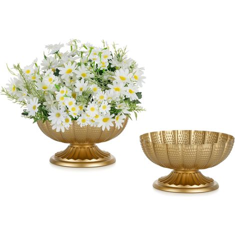 Juego de 2 jarrones vintage de metal dorado, macetas decorativas doradas para uso interior/exterior/jardín. (1/5)