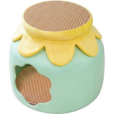 Cooling Cat Cushion Bed Basket Stool Niche Barrel Structure Cut-Out Entrance Easy Access Soft Sturdy Fabric for Rest and Sleep, Green, Rattan Mat (1/5)