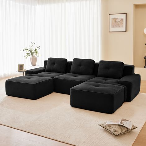 Modulares 3-Sitzer-U-Sofa, 32D-Elastik, Cord, 2 Hocker, rahmenlos, extra tiefe Sitze, 293 x 177 x 69 cm, schwarz