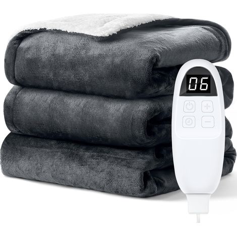 Couverture Chauffante 200 x 180 cm, 6 Niveaux de Chauffage, Minuterie 1 à 10 h, Arrêt Automatique, Lavable en Machine, 2 Places, Plaid Chauffant électrique Sherpa Flanelle, Gris (1/5)