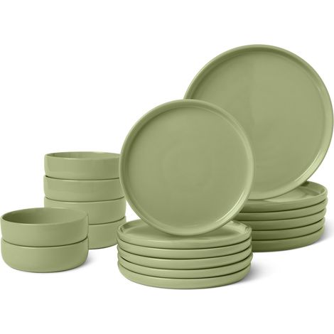 Service à Vaisselle en Grès Émaillé, Lot de 18 Pièces, 6 Couverts Complets, Compatible Lave-Vaisselle, Couleur Olive (1/5)