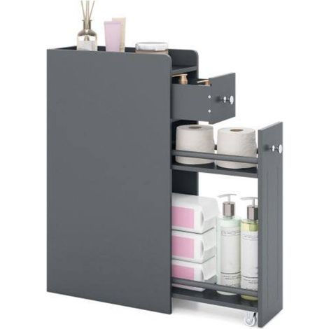 Pour les petits espaces, rangement pratique avec meuble WC 4 niveaux, tiroir sur roulettes gris (1/5)