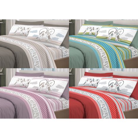 Completo Lenzuola Letto Pensieri Delicati 100% Cotone Dis. Bau Bau, misuraPiazza E MezzacoloreGrigio (1/5)