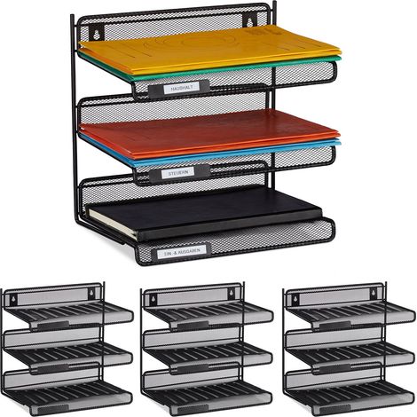 Relaxdays Set of 4 Filing Systems Metal, 3 Trays for Labelling, Office & Workroom, Wall Mounted, 32 x 33 x 25 cm, Black (1/5)