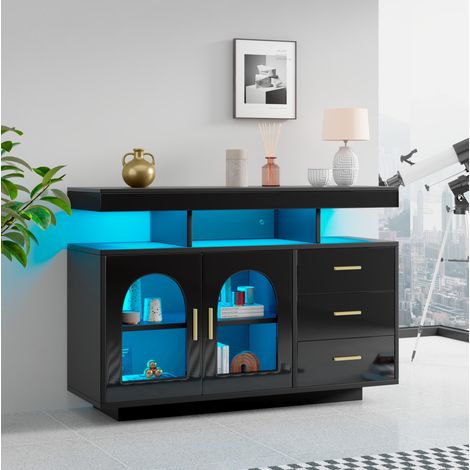 Aparador LED 120 x 40 x 80 cm con 3 cajones, 2 puertas y estantes abiertos negro HAVRYA (1/5)
