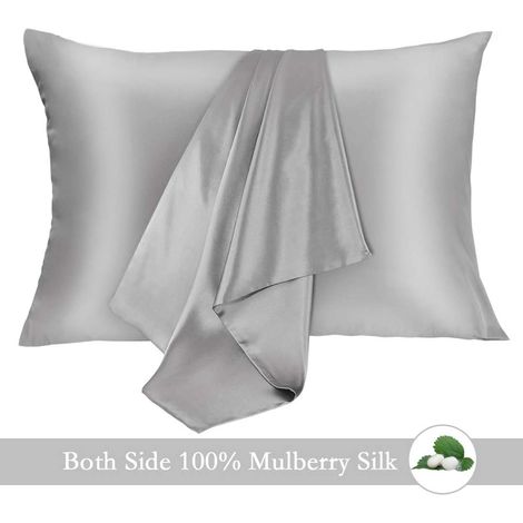 Taie d'oreiller en soie de mûrier 100% Jocoku, lot de 2, 16 momme qualité 6A, douce et respirante, pour cheveux et peau, réversible, grise, taille King (1/5)