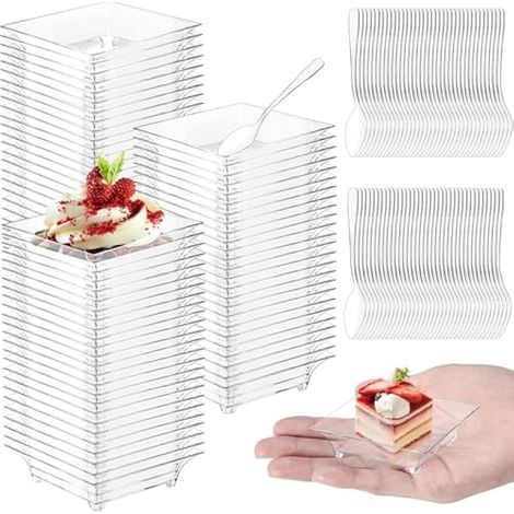 100 pièces assiettes apéritif en plastique avec cuillères, 6 cm carré coupelles dégustation dessert, bols parfait transparent réutilisables pour desserts, apéritifs, échantillons, fête (6 cm x 1,5 cm)