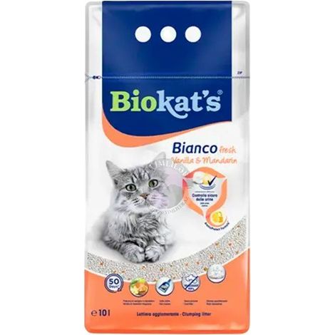 Biokats Bianco Lettiera assorbente agglomerante bianca per gatti 10L - Vaniglia / Mandarino 10L