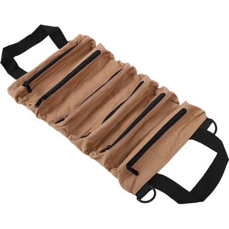 Sac à outils enroulable avec 6 poches zippées, pochette de rangement amovible pour clés, tournevis, douilles et pinces, couleur kaki (1/5)