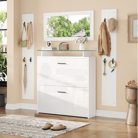 Mueble de entrada de 4 piezas con espejo, 8 ganchos, blanco HAVRYA (1/5)