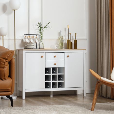 Buffet meuble de rangement avec 2 tiroirs, 2 portes étagères réglables et porte-bouteilles pour 9 bouteilles, blanc