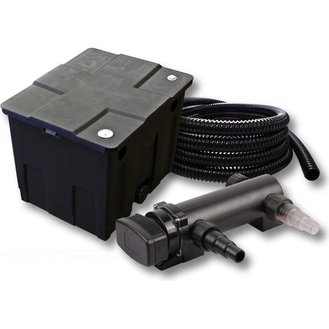 SunSun Komplettset: CBF-350 Teichfilter bis 12000 L Teichfilteranlage als Durchlauffilter, CUV-318 Teichklärer UVC Klärer mit 18W, 5m Teichschlauch 25 mm (1")