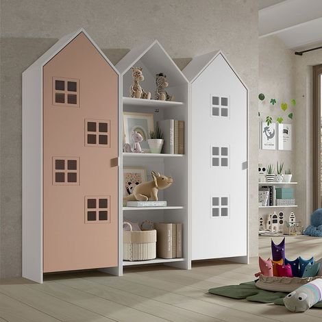 BEAUVILLE - Pack Bibliothèque + 2 Armoires Cabane Portes Blanche et Rose (1/5)