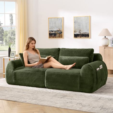 Canapé 2 places vert fausse fourrure lapin haut rebond,port USB et rangement latéral pour petit espace intérieur.