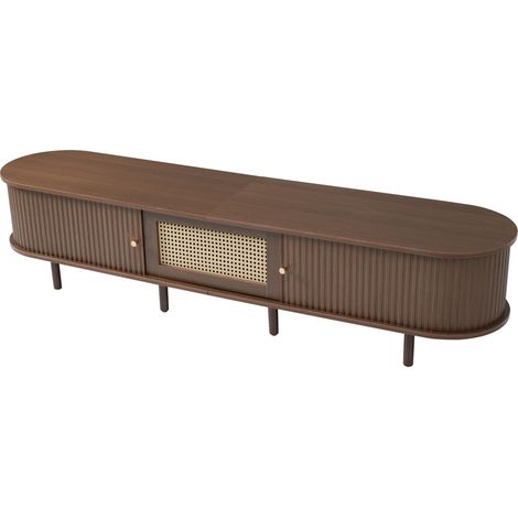 Mobile TV ovale 180 cm in MDF colore noce scuro con effetto rattan e piedini regolabili (1/5)