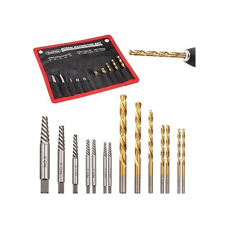 Lot de 14 extracteur de vis cassée Easy Out avec sac en toile jeu d'embouts de forage à gauche et kit extracteur de tarauds de boulons cassés pour goujons enlever les vis, boulons, écrous (1/5)