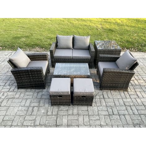 Fimous Outdoor Lounge Sofa Set Wicker PE Rattan Garden Furniture Set with Rectangular Coffee Table Double Seat Sofa Side Table 2 Small Footstools Dark Grey Mixed (1/5)