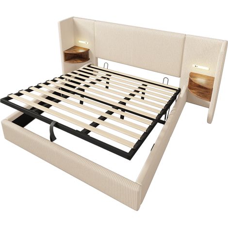 Lit double rembourré 180×200 avec table de chevet, lampe de lecture et charge USB Type-C, lit avec rangement, cadre de lit avec sommier à lattes en bois massif et métal, beige-blanc, tissu côtelé (san (1/5)