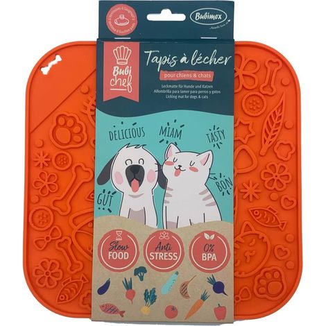 Tapis gamelle à lécher 20x20cm Orange pour Chiens et Chats avec Ventouse, Anti glouton, Anti Stress, Silicone sans BPA, Compatible Lave-Vaisselle et Congélateur, Réduit la Mauvaise Haleine (1/3)
