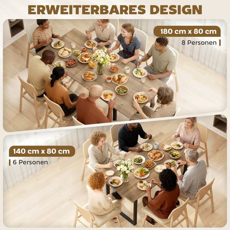 Table de salle à manger extensible 6-8 personnes 140-180 cm, table rectangulaire cuisine avec pieds acier, bois naturel noir