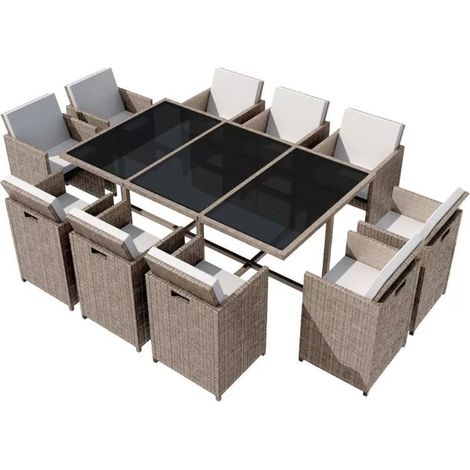 Table rectangulaire et 10 chaises de jardin résine tressée beige Iris (1/5)